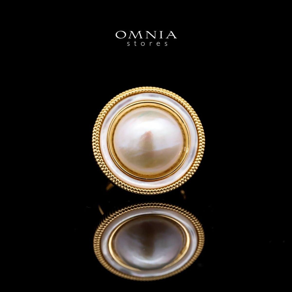 Omnia Leona White Mabel Pearl Classic Ring with Textured Beaded Frame in Brass with Gold Plated Finish - OMNIASTORES UAE