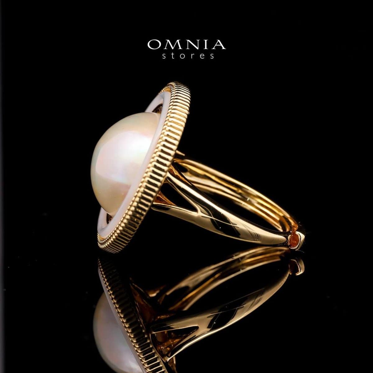Omnia Leona White Mabel Pearl Classic Ring with Textured Beaded Frame in Brass with Gold Plated Finish - OMNIASTORES UAE