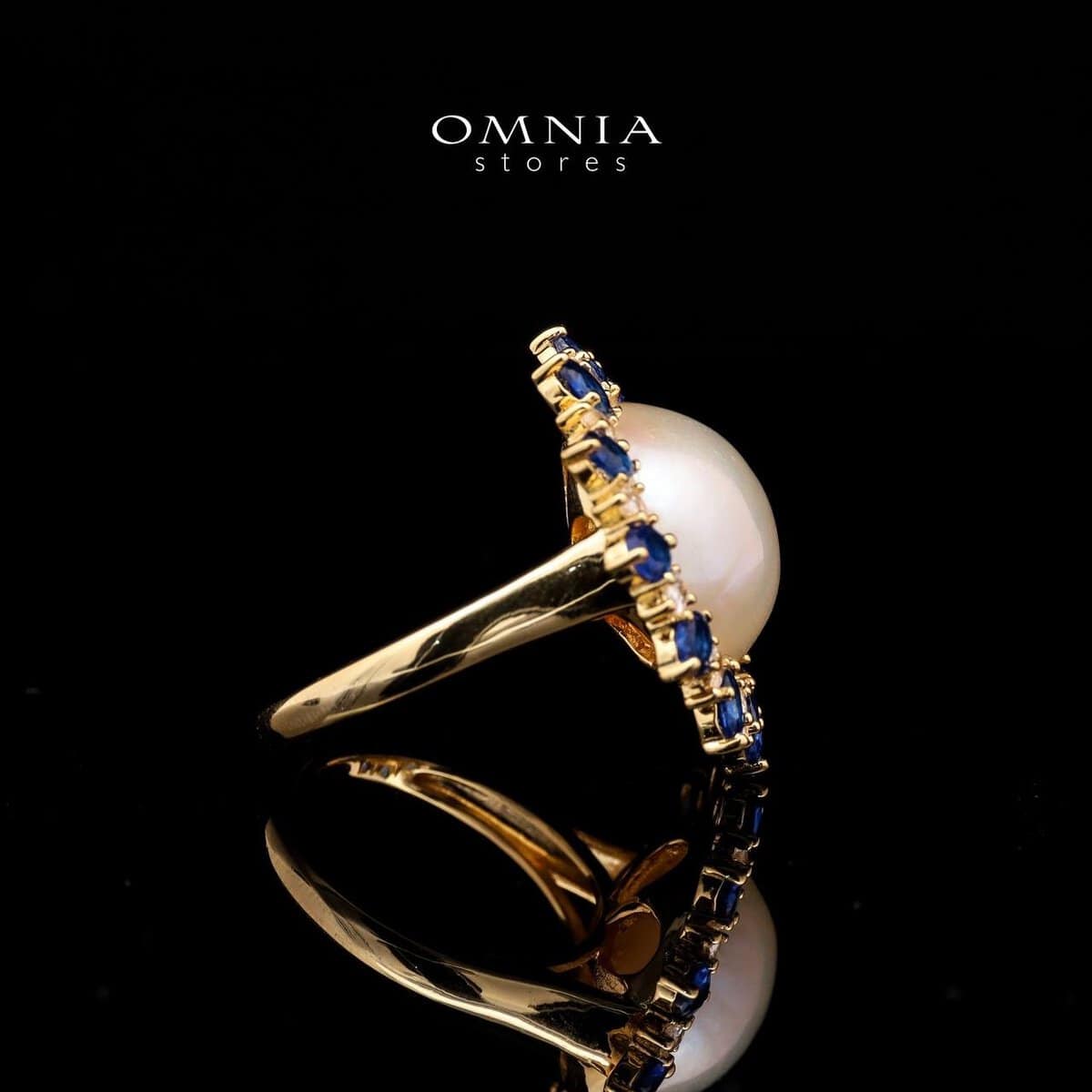 Omnia Celeste White Mabel Pearl Halo Ring with Blue Sapphire Accents in Brass with Gold Plated Finish - OMNIASTORES UAE