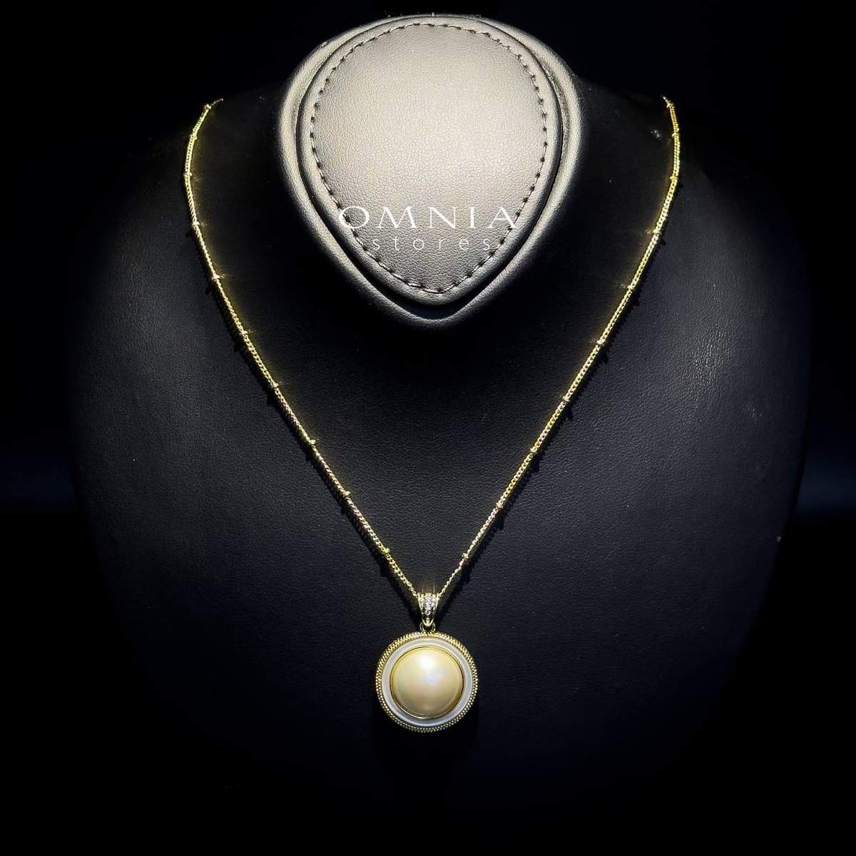 Omnia Leona White Mabel Pearl Classic Pendant Necklace with Textured Beaded Frame in Brass with Gold Plated Finish - OMNIASTORES UAE