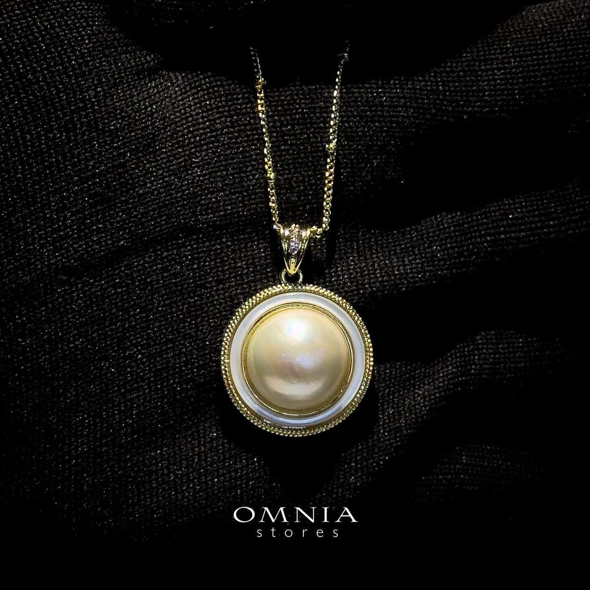 Omnia Leona White Mabel Pearl Classic Pendant Necklace with Textured Beaded Frame in Brass with Gold Plated Finish - OMNIASTORES UAE