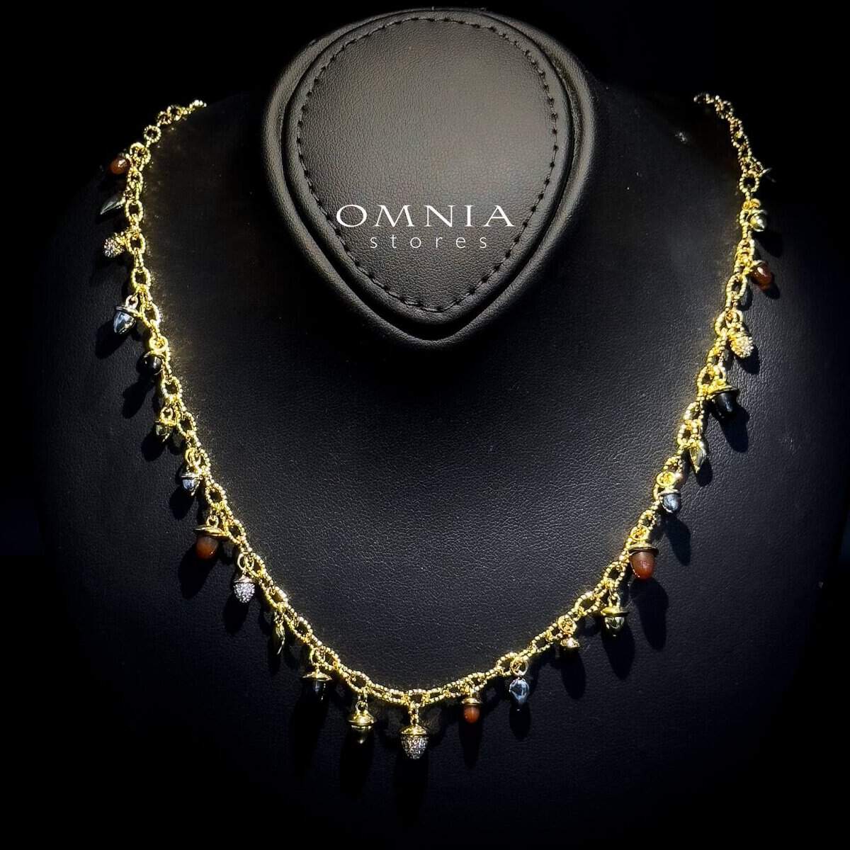 Omnia Sienna Black Agate and Red Agate Charm Necklace with Zircon Accents in Brass with Gold Plated Finish - OMNIASTORES UAE