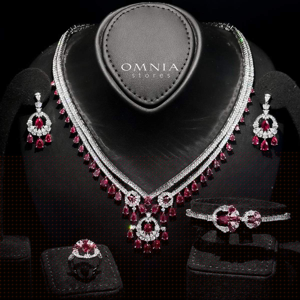 Omnia Maram Maroon Full Set in 92.5 Silver with High-Quality Simulated Diamonds and Teardrop Design - OMNIASTORES UAE