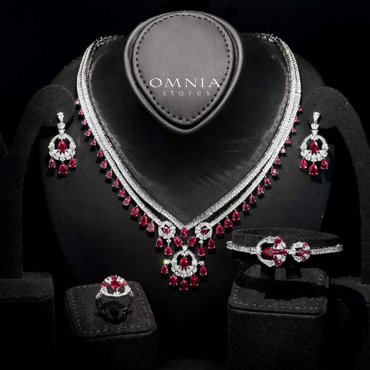 Omnia Maram Maroon Full Set in 92.5 Silver with High-Quality Simulated Diamonds and Teardrop Design - OMNIASTORES UAE