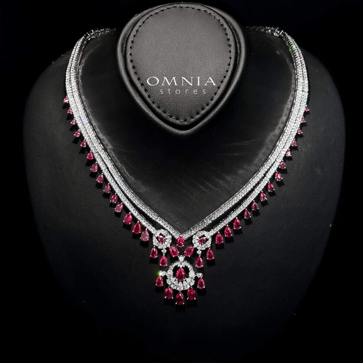Omnia Maram Maroon Full Set in 92.5 Silver with High-Quality Simulated Diamonds and Teardrop Design - OMNIASTORES UAE