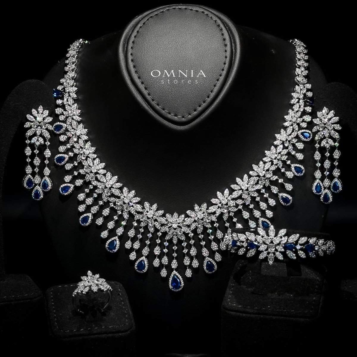 Omnia Anoud blue Bridal Full Set with Sparkling Zircon Stones in High-Quality Rhodium Plated Finish - OMNIASTORES UAE