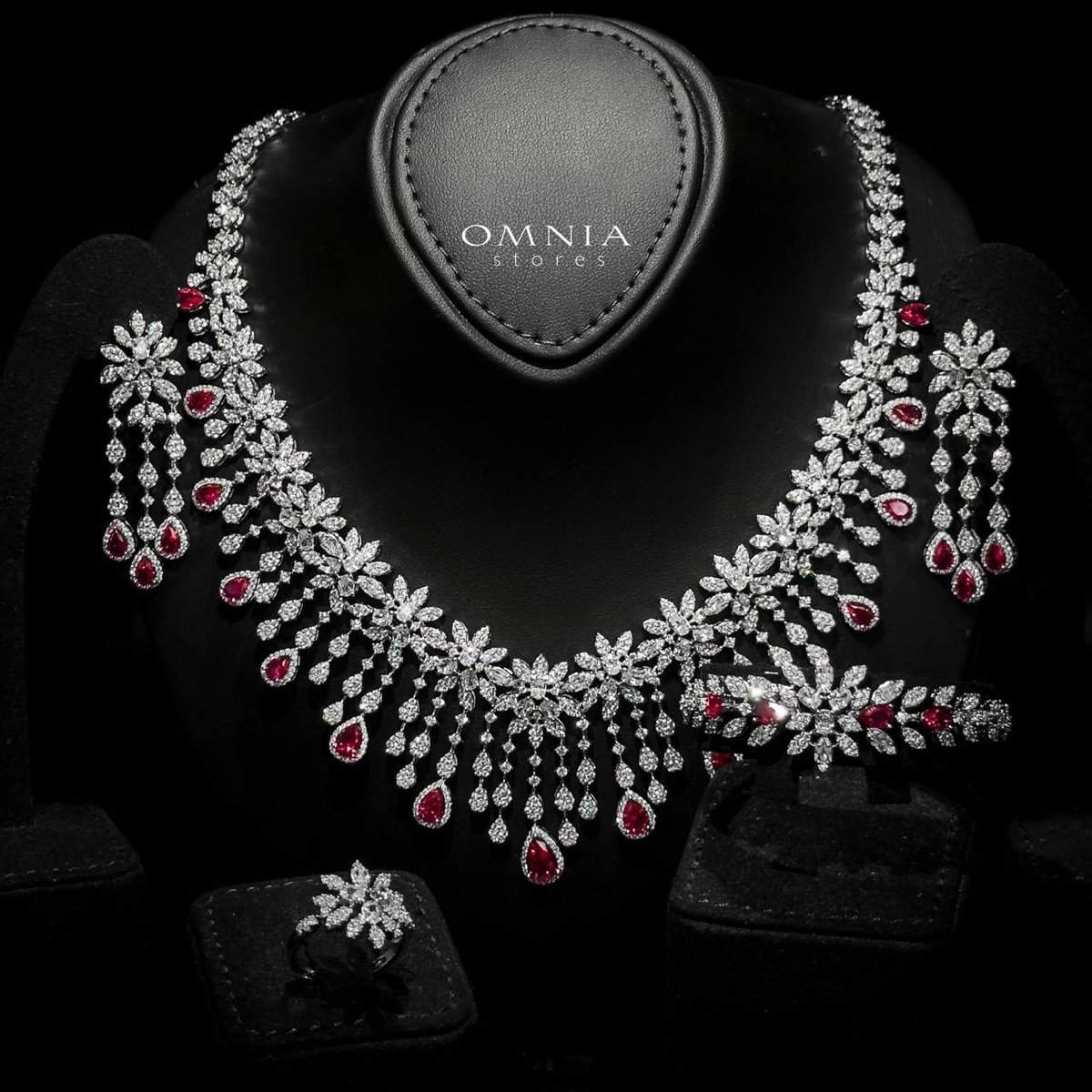 Omnia Anoud Maroon Bridal Full Set with Sparkling Zircon Stones in High-Quality Rhodium Plated Finish - OMNIASTORES UAE