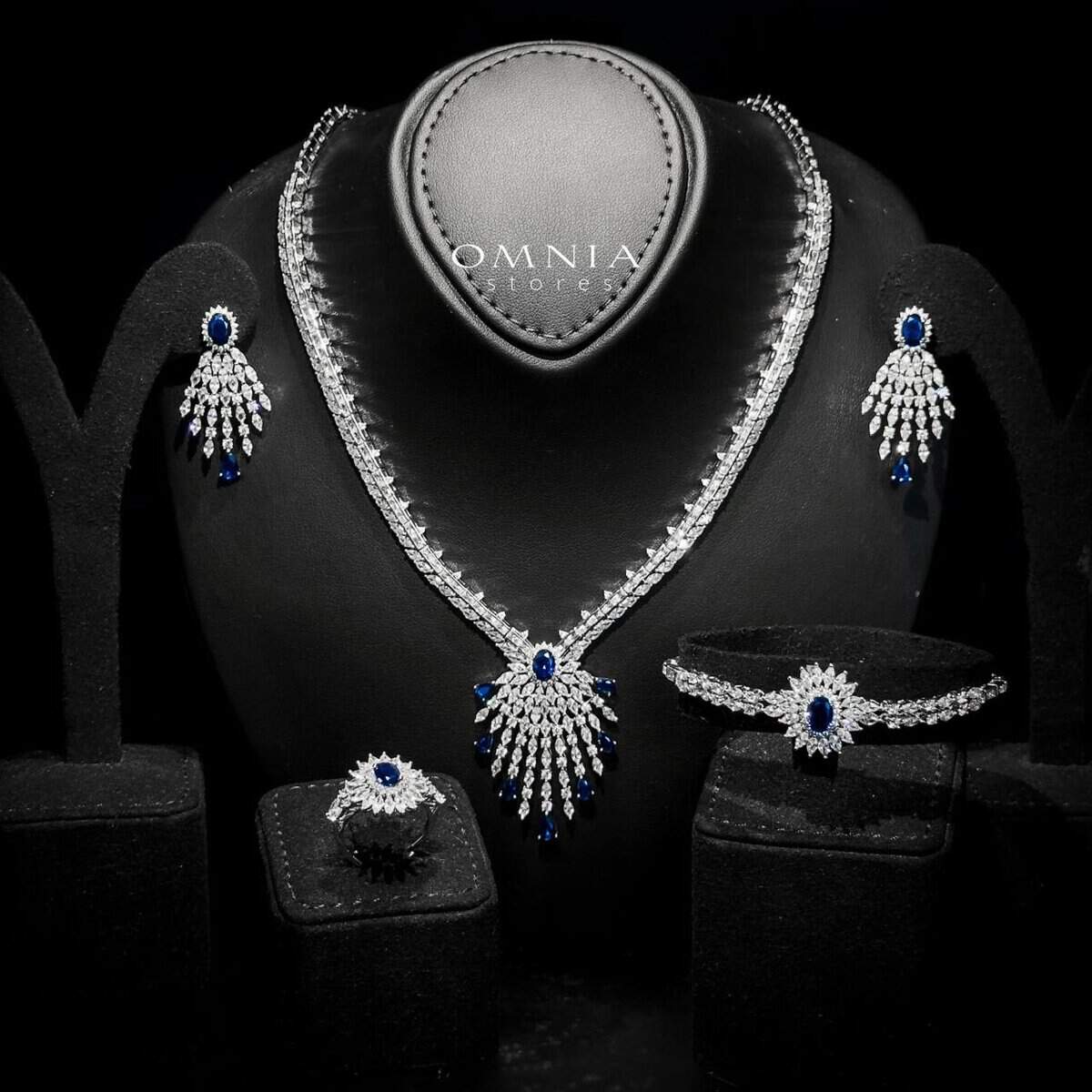 Omnia Asmaa Blue Bridal Full Set with Sparkling Zircon Stones in High-Quality Rhodium Plated Finish - OMNIASTORES UAE