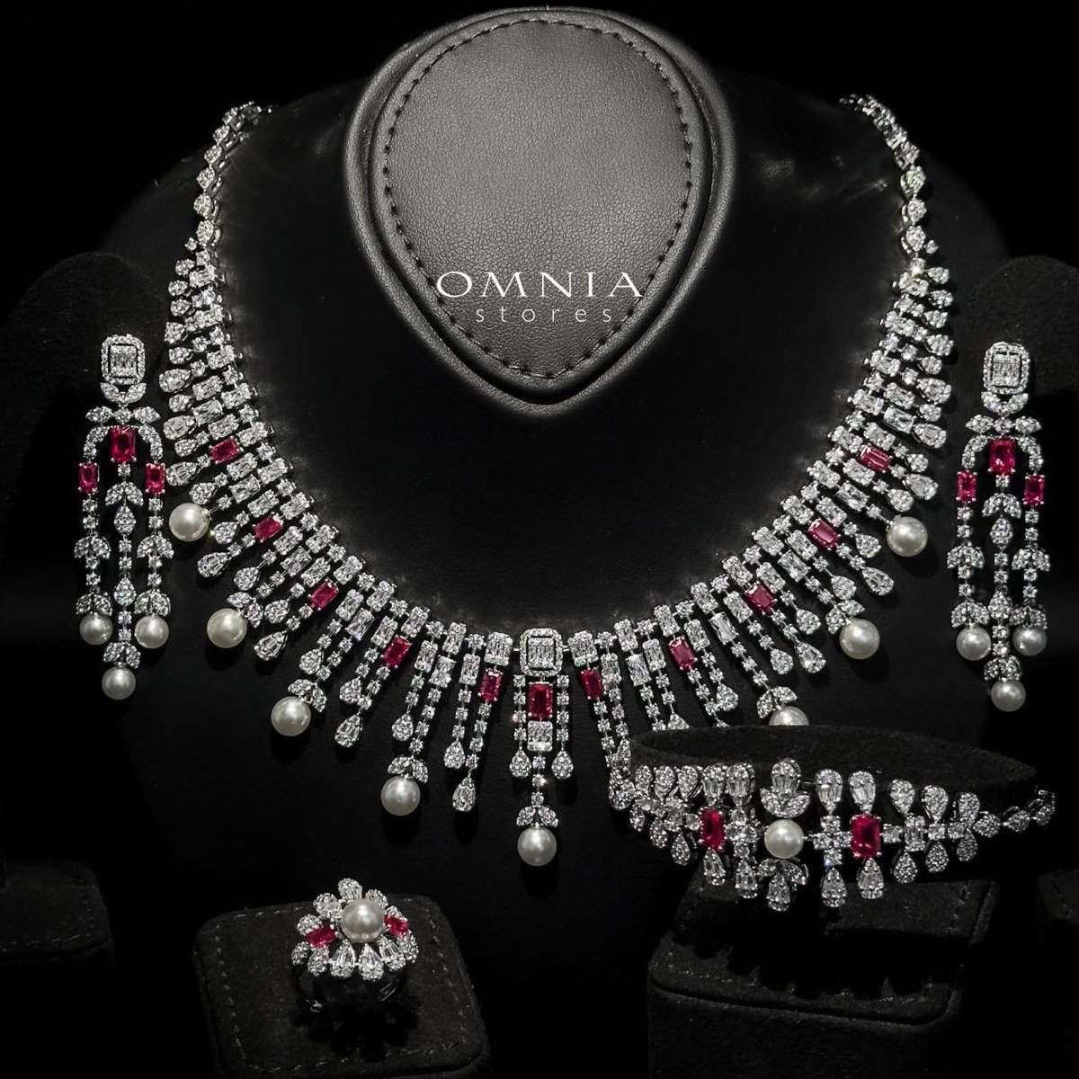 Omnia Sirella Maroon Bridal Full Set with Intricate Cascading Zircon and Pearl Design in High-Quality Rhodium Plated - OMNIASTORES UAE