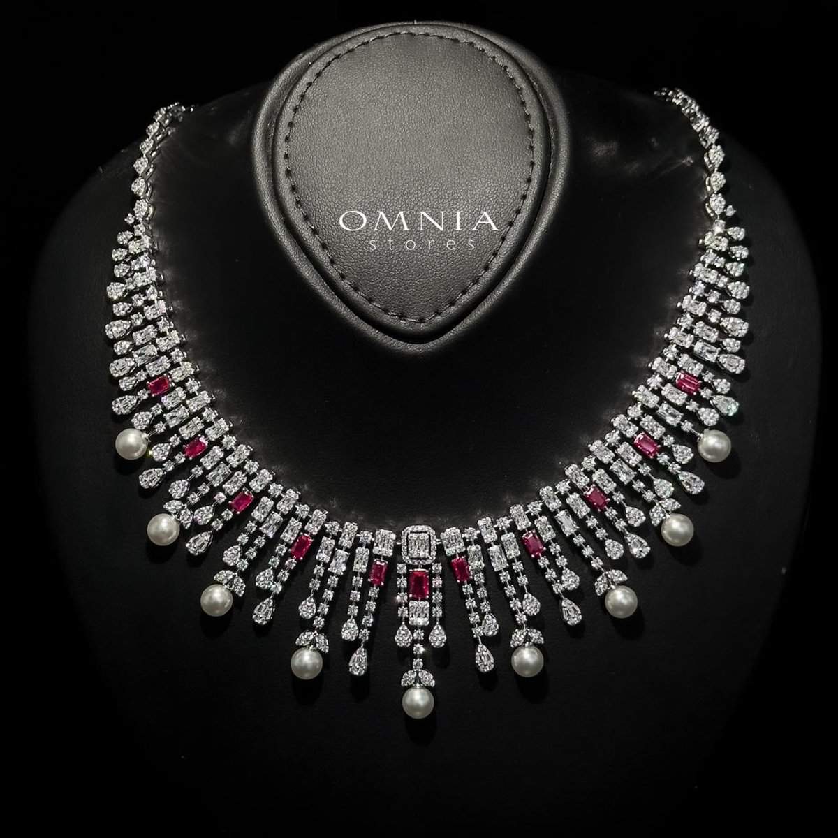 Omnia Sirella Maroon Bridal Full Set with Intricate Cascading Zircon and Pearl Design in High-Quality Rhodium Plated - OMNIASTORES UAE