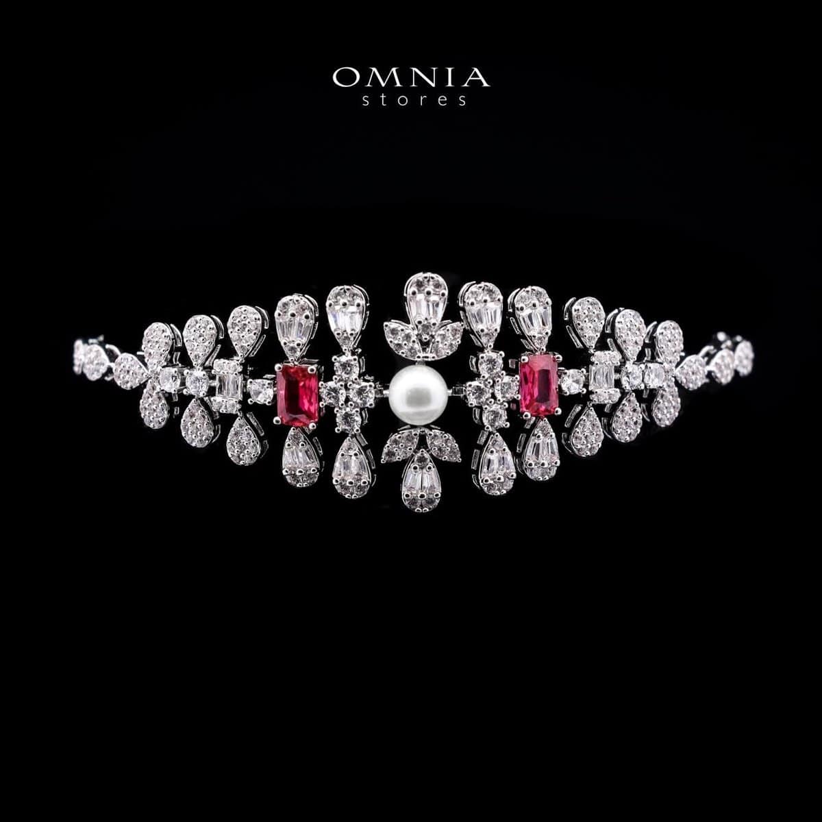 Omnia Sirella Maroon Bridal Full Set with Intricate Cascading Zircon and Pearl Design in High-Quality Rhodium Plated - OMNIASTORES UAE