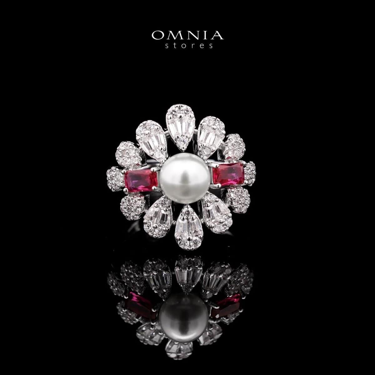 Omnia Sirella Maroon Bridal Full Set with Intricate Cascading Zircon and Pearl Design in High-Quality Rhodium Plated - OMNIASTORES UAE