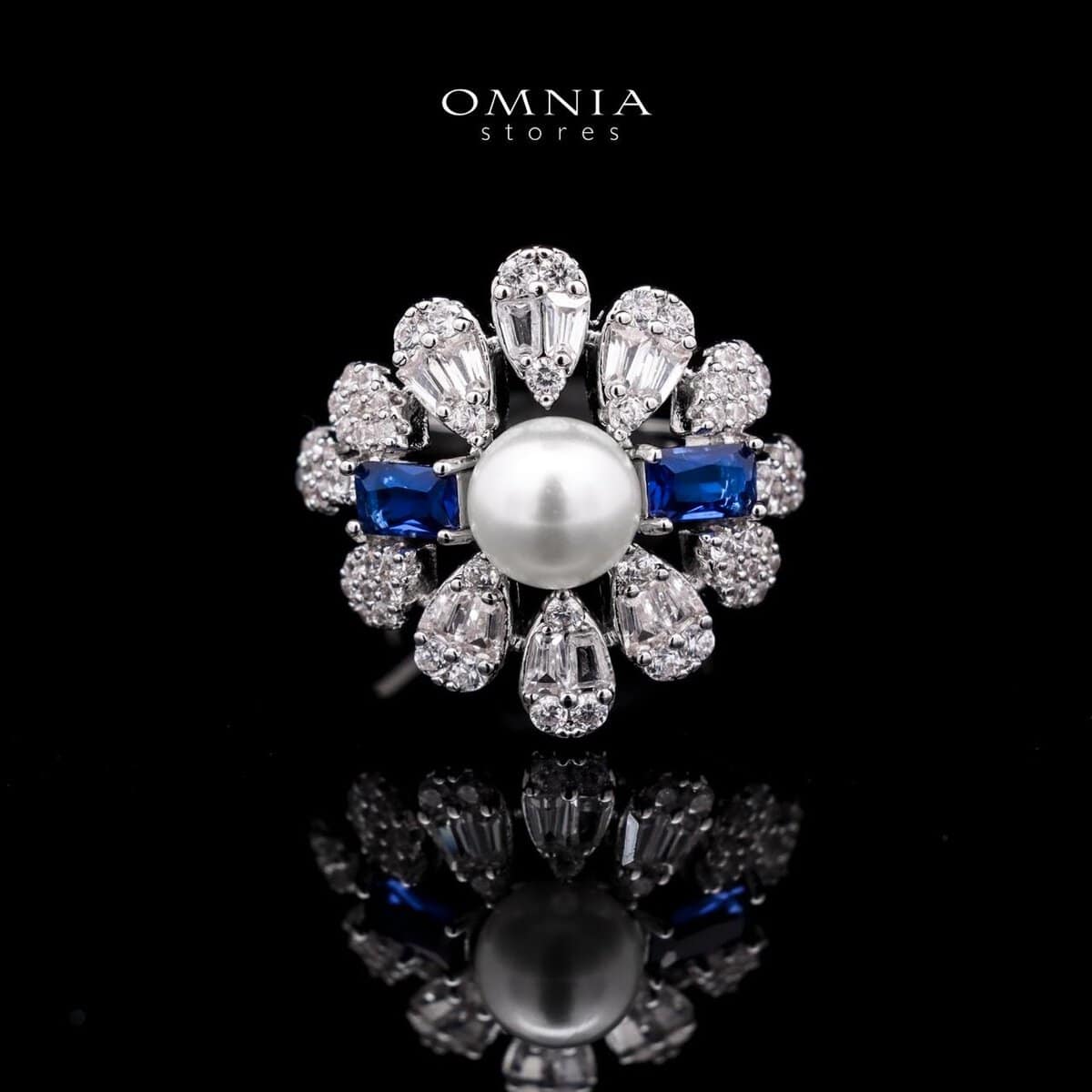 Omnia Sirella Blue Bridal Full Set with Intricate Cascading Zircon and Pearl Design in High-Quality Rhodium Plated - OMNIASTORES UAE