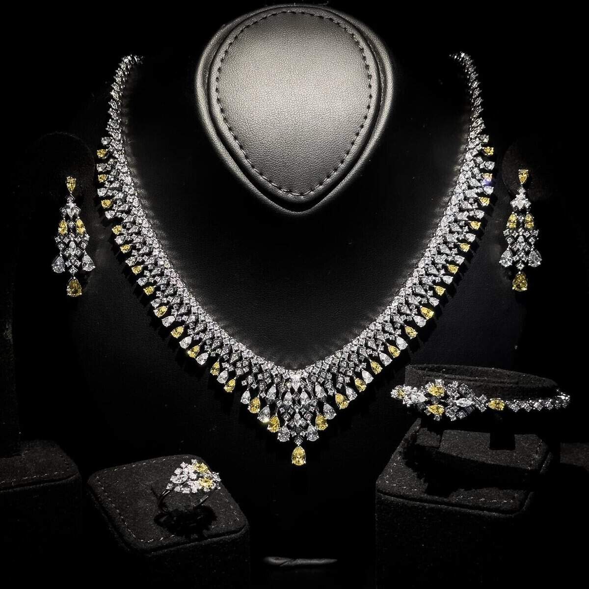Omnia Melora Yellow and White Bridal Full Set with Pear-Cut and Baguette Zircon in Cascading Design in High-Quality Rhodium Plated - OMNIASTORES UAE