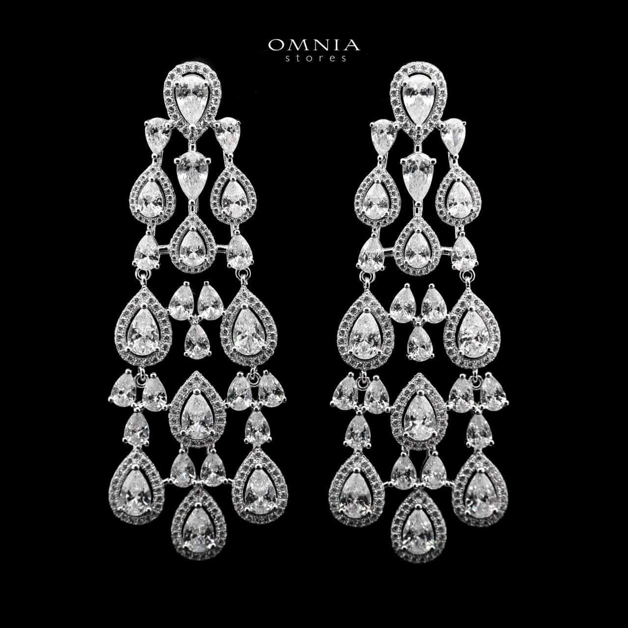 Omnia Basima White Chandelier Earrings in 925 Silver with Pear-Cut High-Quality Simulated Diamonds - OMNIASTORES UAE