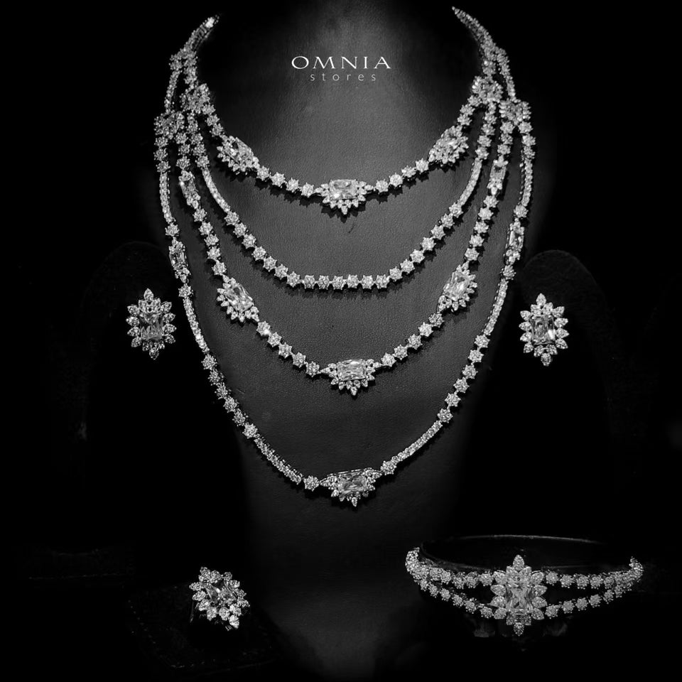 Omnia Blair Pure White Bridal Full Set with Marquise and Emerald-Cut High-Quality Simulated Diamonds Rhodium Plated - OMNIASTORES UAE