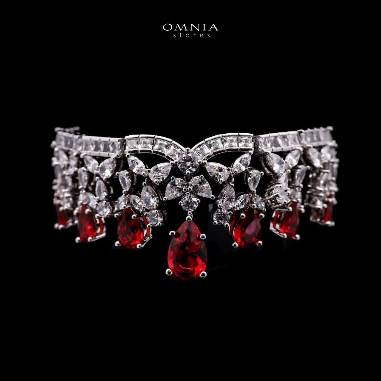 Omnia Princess Bridal Full Set with Pear-Cut White and Red High-Quality Simulated Diamonds Rhodium Plated - OMNIASTORES UAE