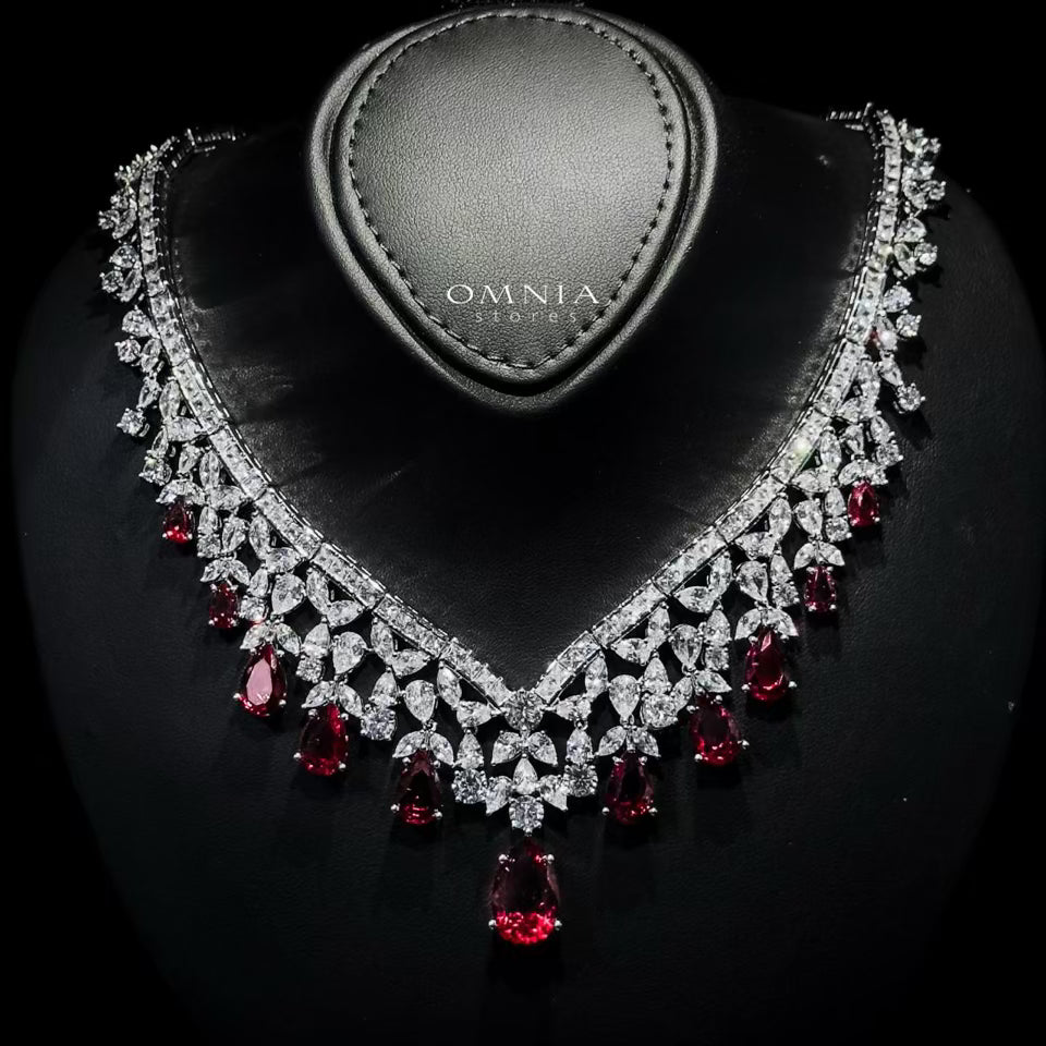 Omnia Princess Bridal Full Set with Pear-Cut White and Red High-Quality Simulated Diamonds Rhodium Plated - OMNIASTORES UAE