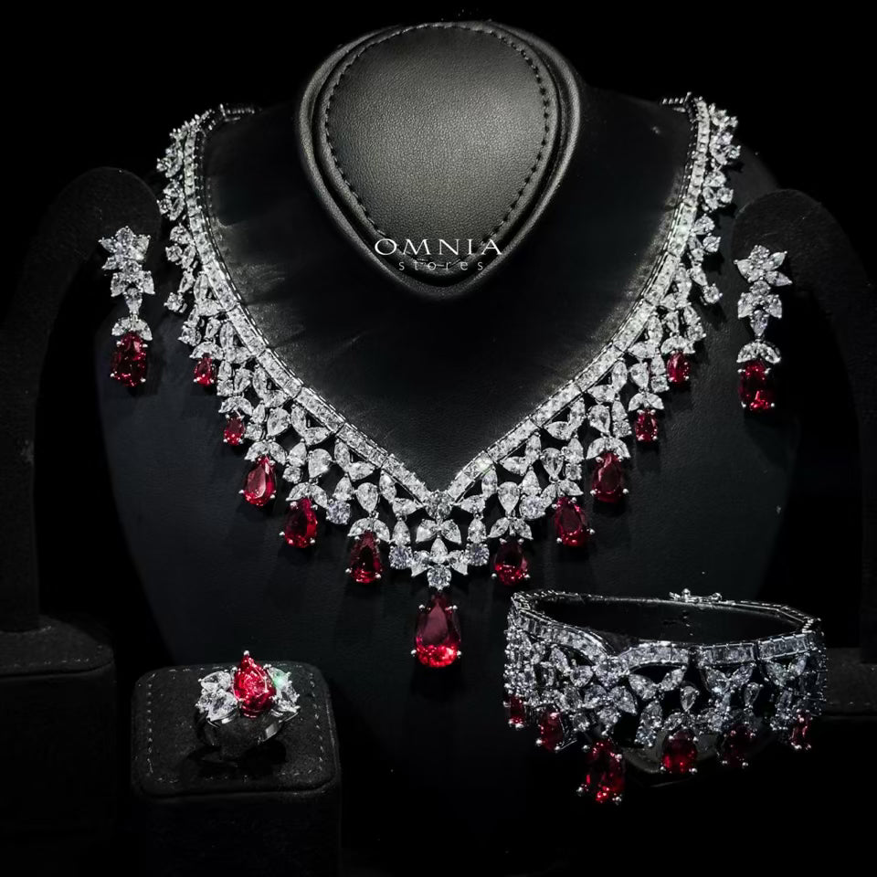 Omnia Princess Bridal Full Set with Pear-Cut White and Red High-Quality Simulated Diamonds Rhodium Plated - OMNIASTORES UAE