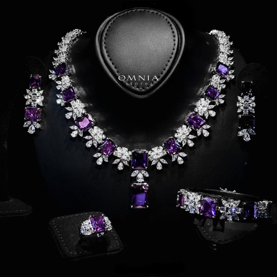 Omnia Charlene Purple Bridal Full Set with Radiant and Pear-Cut High-Quality Simulated Diamonds Rhodium Plated - OMNIASTORES UAE