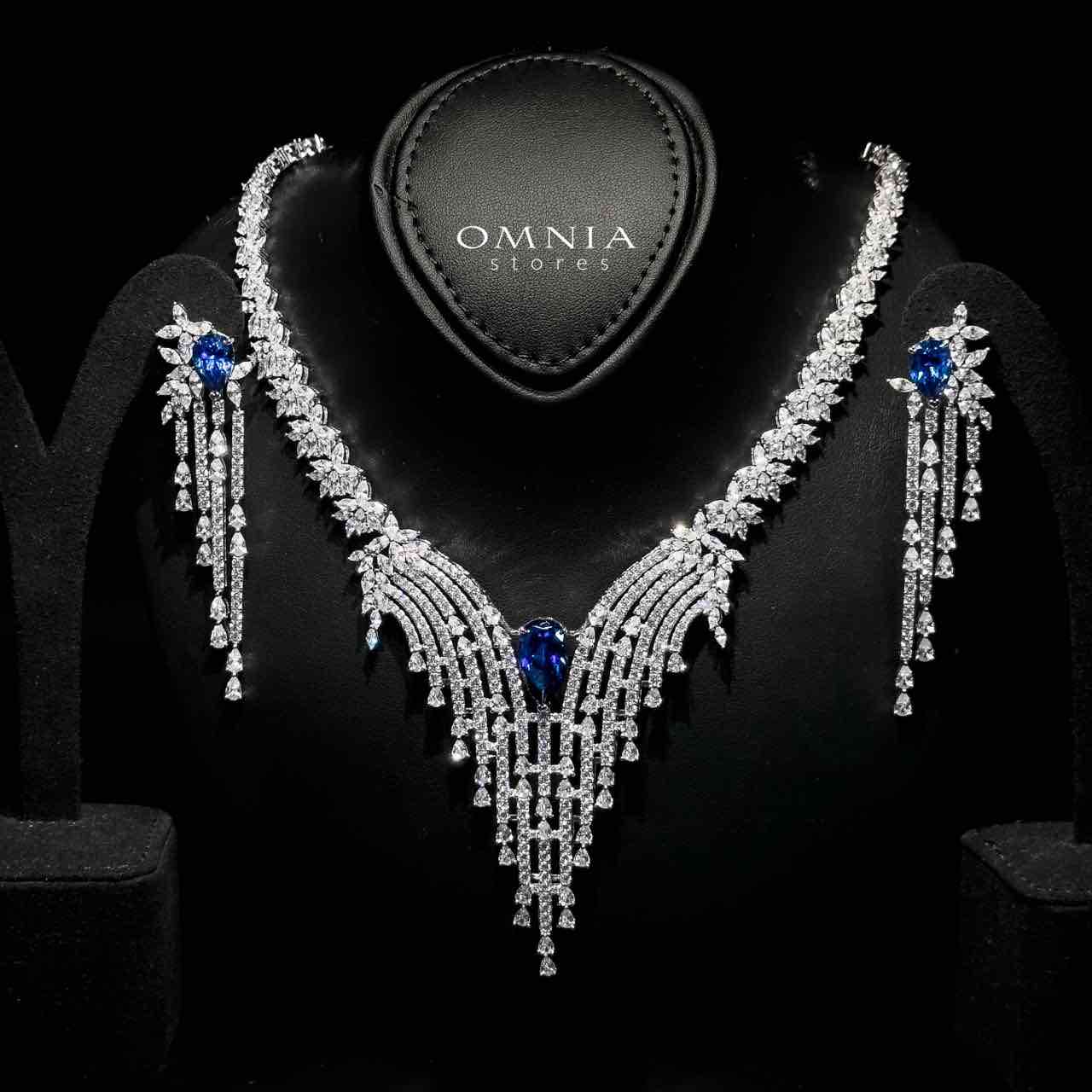 Omnia Abir Blue Bridal Necklace & Earrings Set in 925 Silver with Pear and Marquise-Cut High-Quality Simulated Diamonds