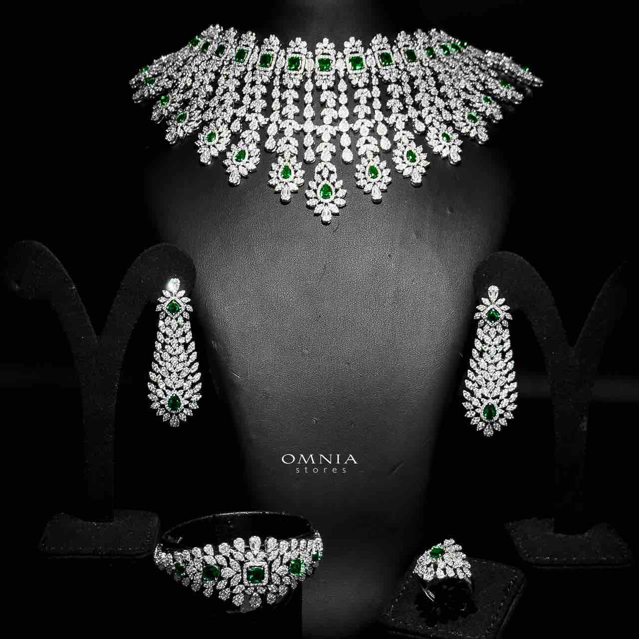 Omnia Asal Green Bridal Full Set in High Quality Zircon Stone Rhodium Plated