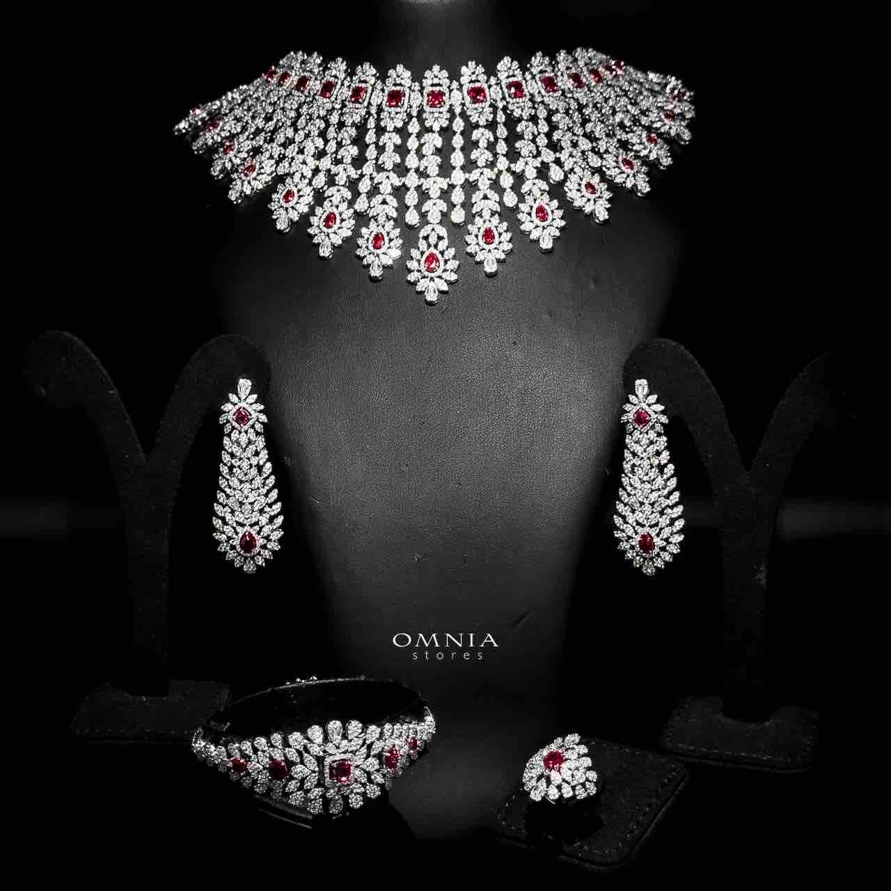 Omnia Asal Maroon Bridal Full Set in High Quality Zircon Stone Rhodium Plated - OMNIASTORES UAE