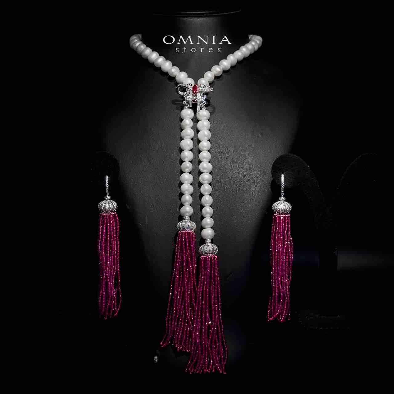 Omnia Bisan Fresh Real Water Pearl Long Chain Necklace & Drop Earrings in 92.5 Silver with High-Quality Simulated Diamonds - OMNIASTORES UAE