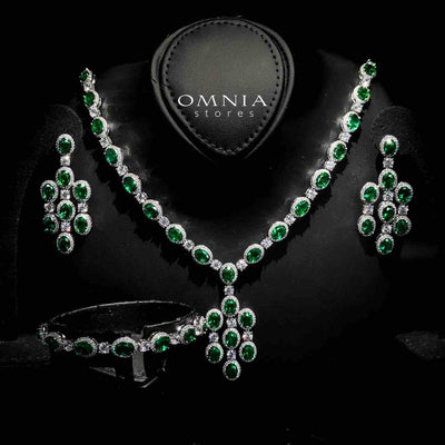 Omnia Danah Green Necklace, Bracelet and Earrings Set in 92.5 Silver High Quality Simulated Diamonds
