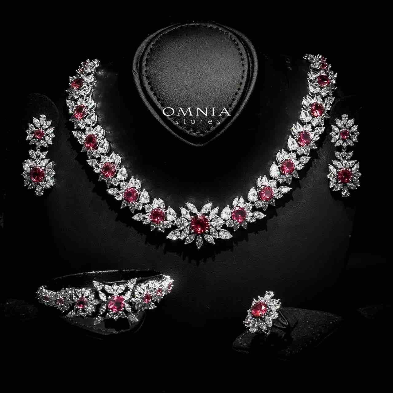 Omnia Nareen Red Bridal Full Set in High Quality Zircon Stone Rhodium Plated - OMNIASTORES UAE