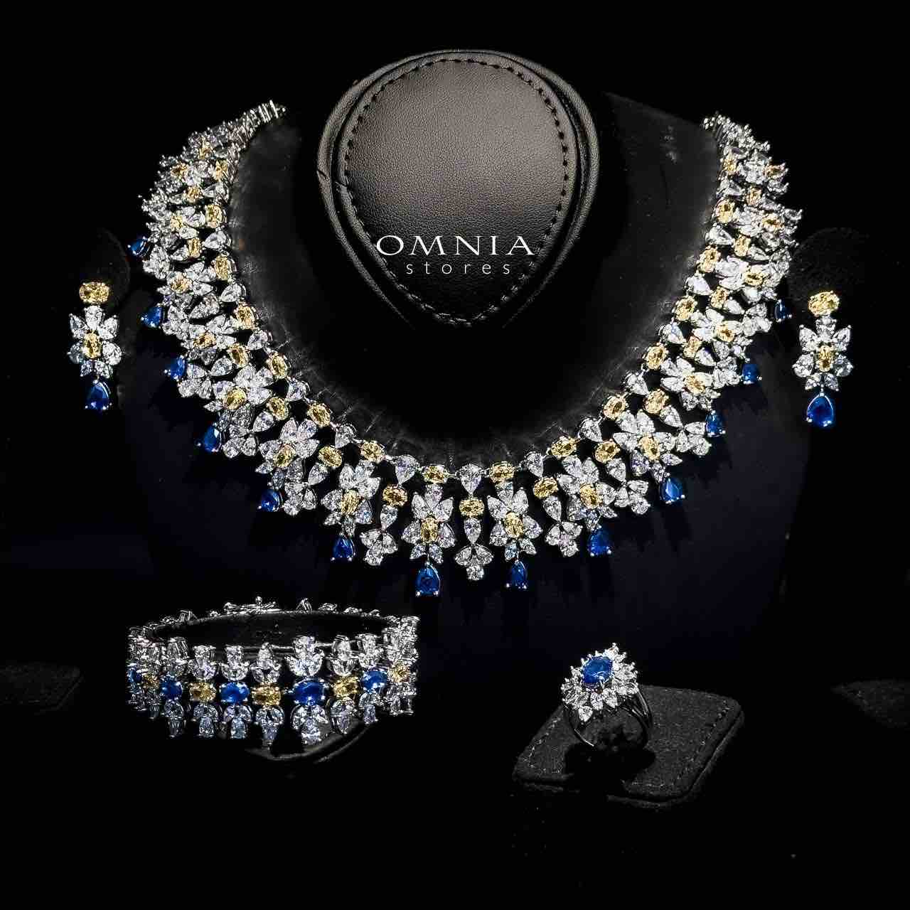 Omnia Dema Blue and Yellow Bridal Full Set in High Quality Zircon Stone Rhodium Plated
