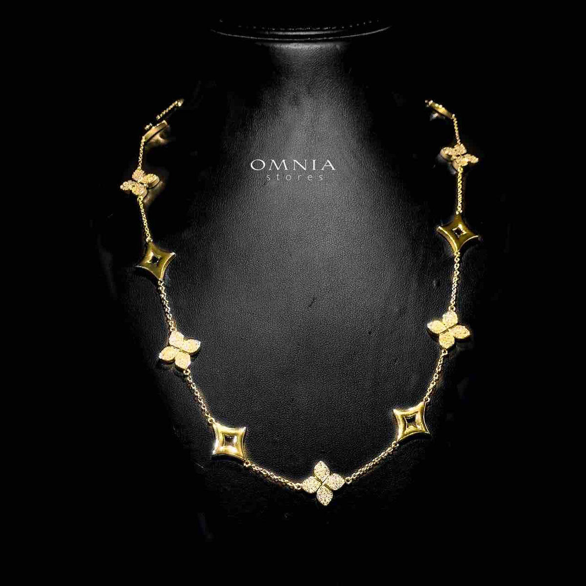 Omnia Golden Clove Long Chain Full Set with High-Quality Simulated Diamonds Gold Plated 100cm - OMNIASTORES UAE