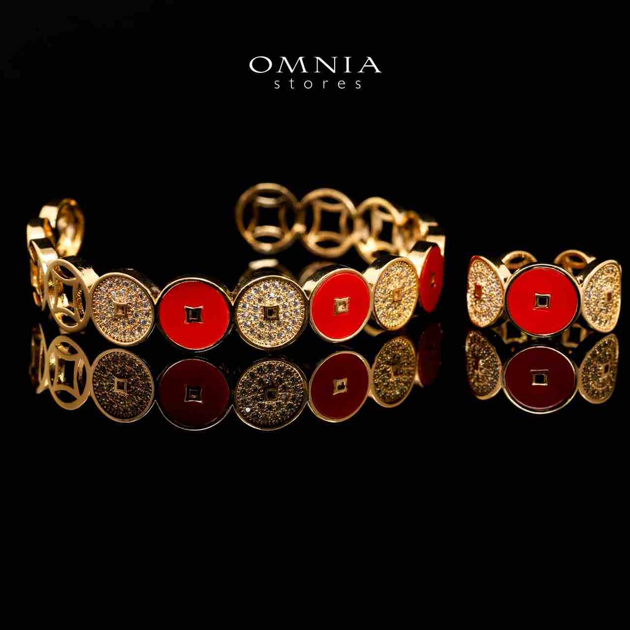 Omnia Golden Cuff With Bracelet and Ring with Red Oval Design In Rhodium Plated
