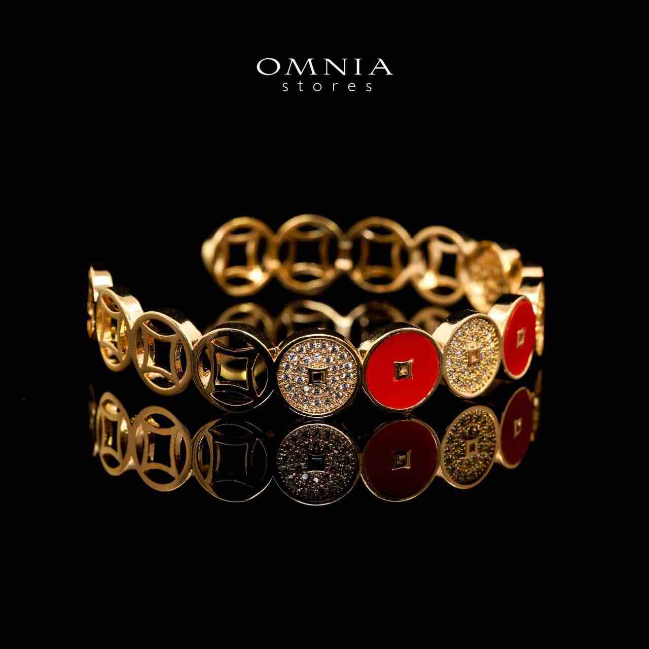 Omnia Golden Cuff With Bracelet and Ring with Red Oval Design In Rhodium Plated