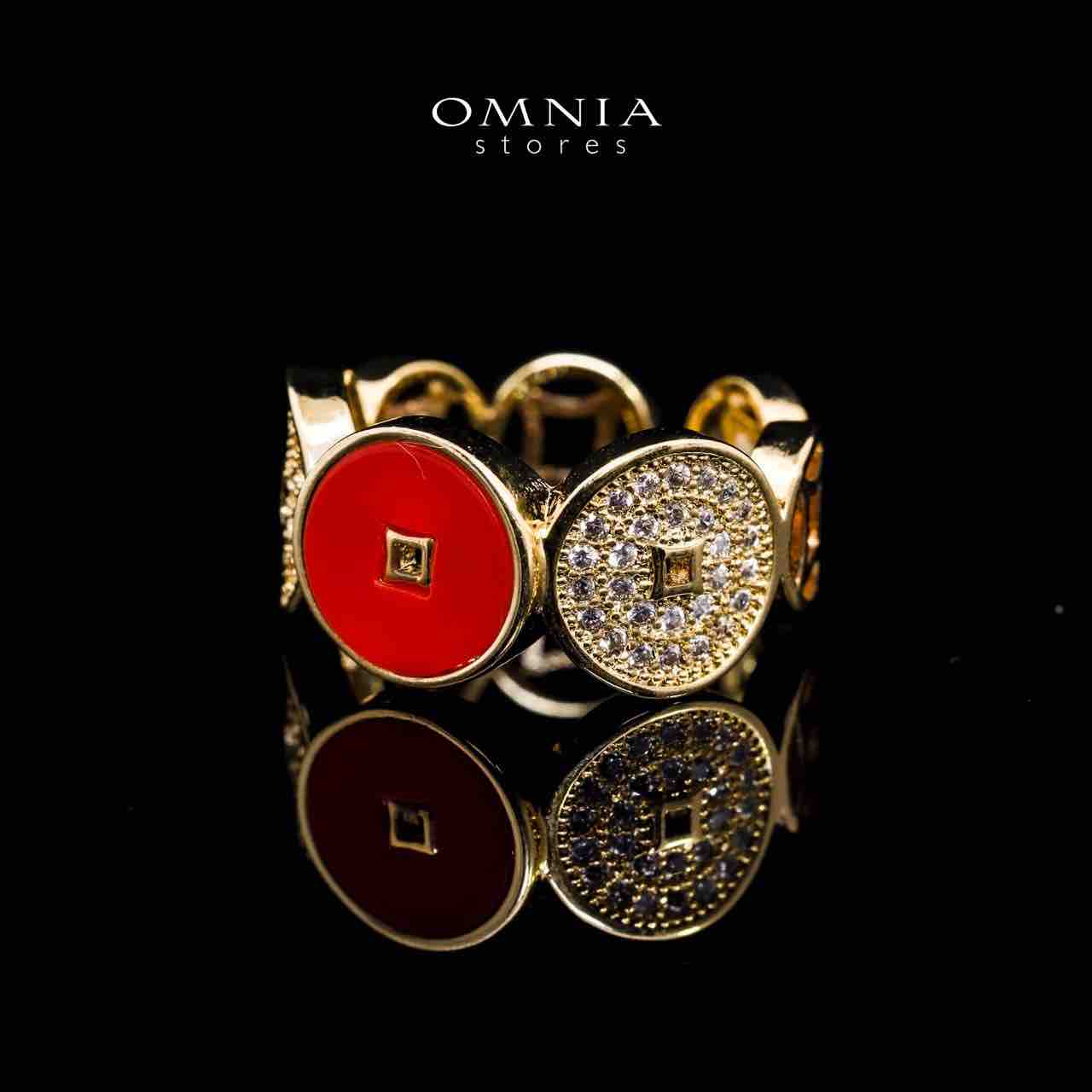 Omnia Golden Cuff With Bracelet and Ring with Red Oval Design In Rhodium Plated