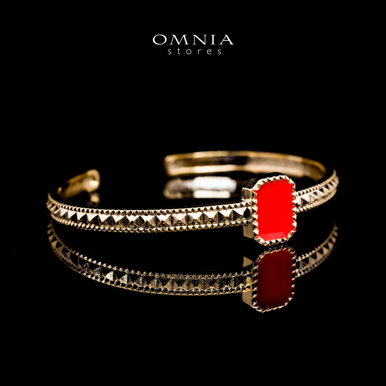 Omnia Golden Cuff With Bracelet and Ring with Red Square In Rhodium Plated