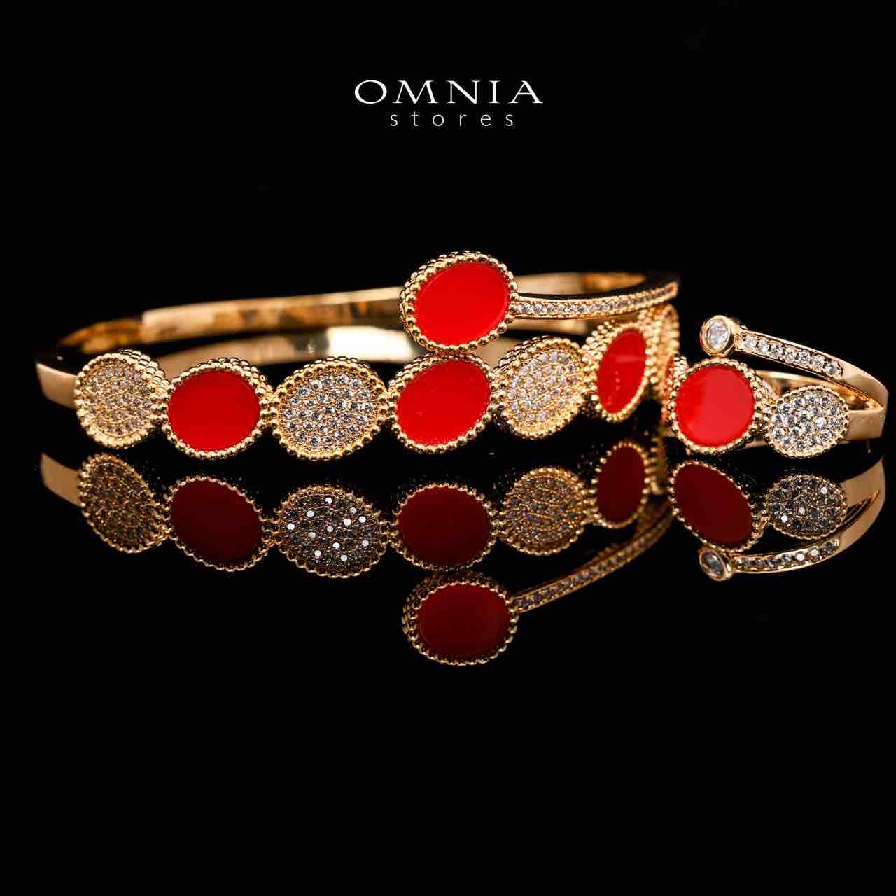 Omnia Golden Cuff With Bracelet and Ring with Red Design In Rhodium Plated