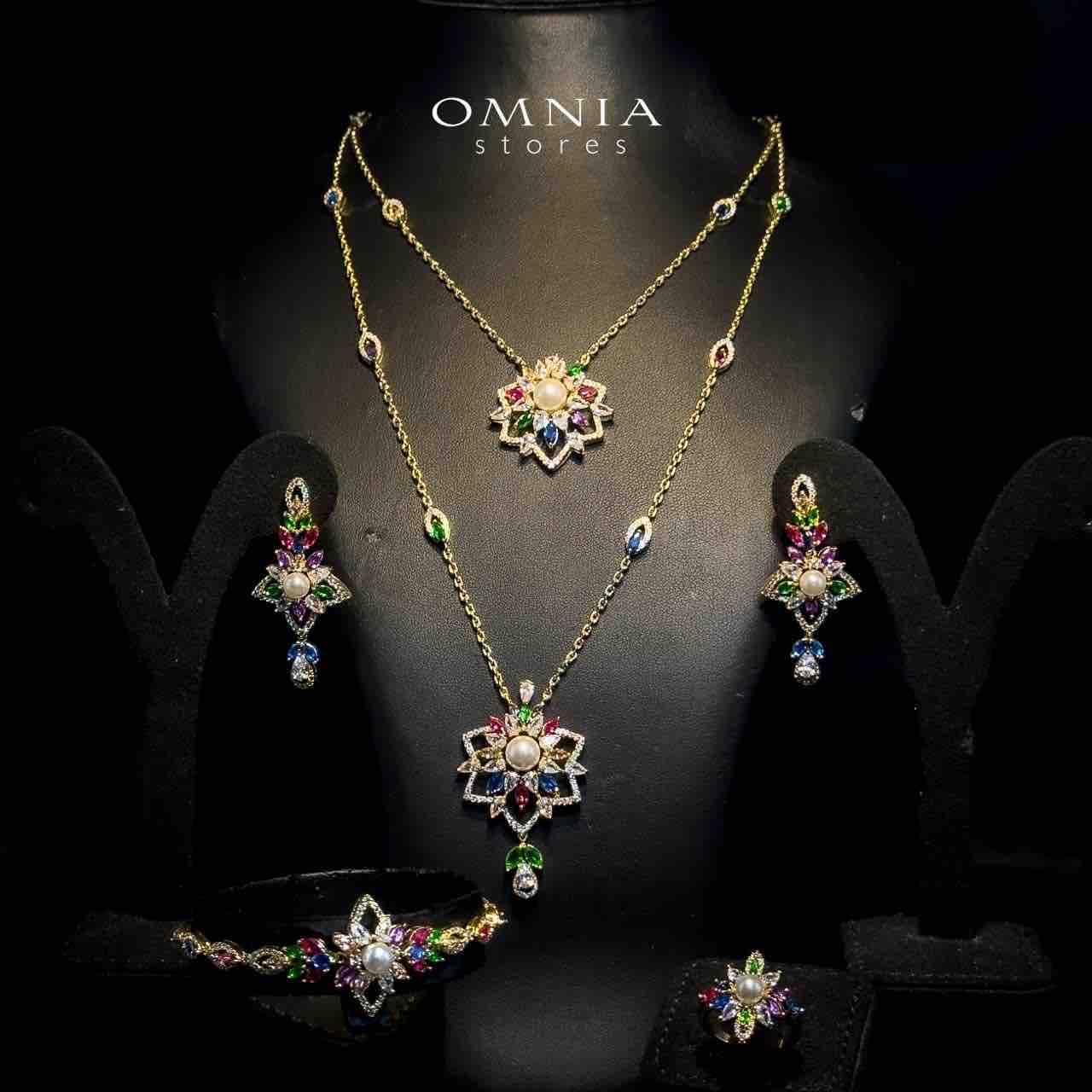 Omnia Safa Golden Multi Colored Bridal Long Chain Full Set in High Quality Zircon Stone Rhodium Plated