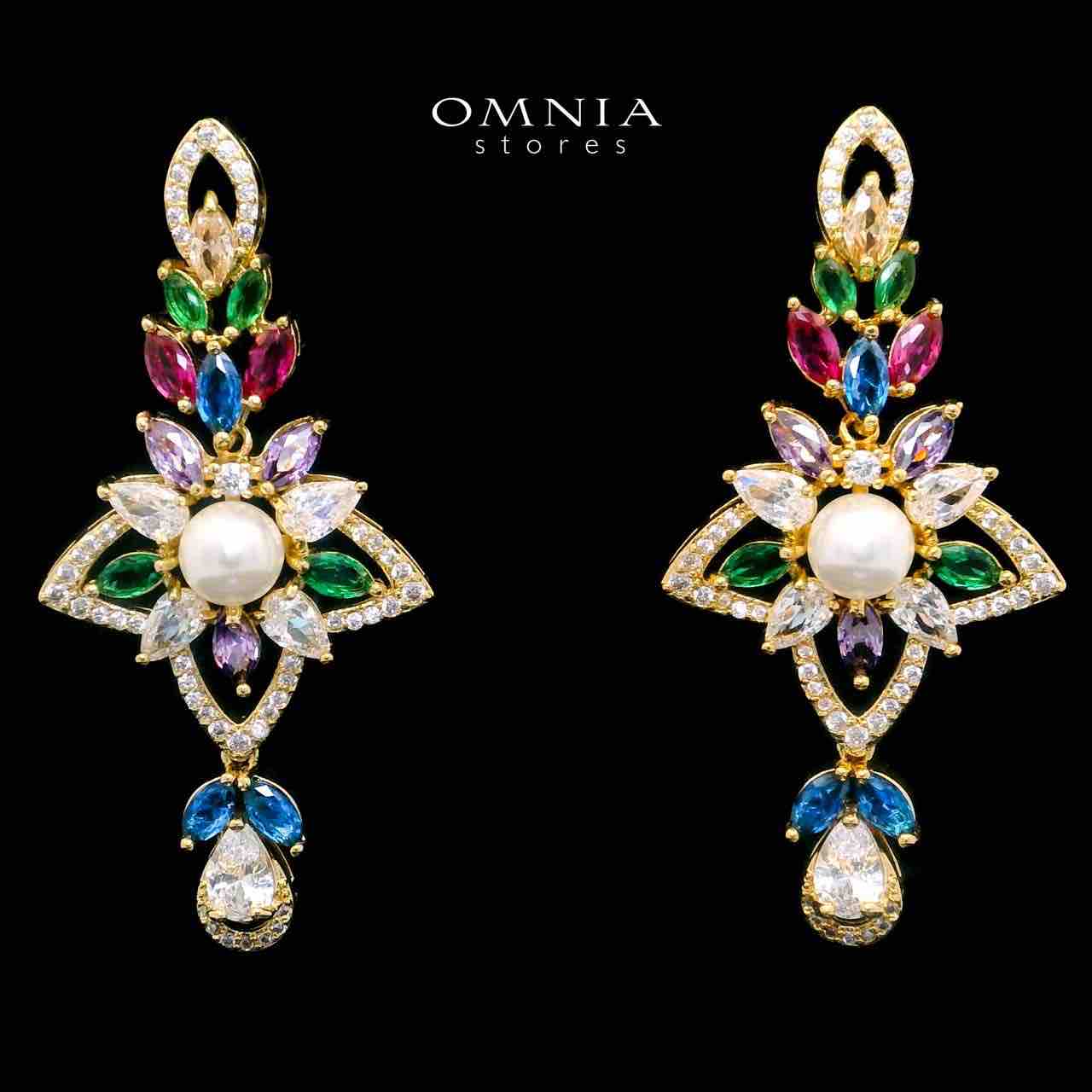 Omnia Safa Golden Multi Colored Bridal Long Chain Full Set in High Quality Zircon Stone Rhodium Plated