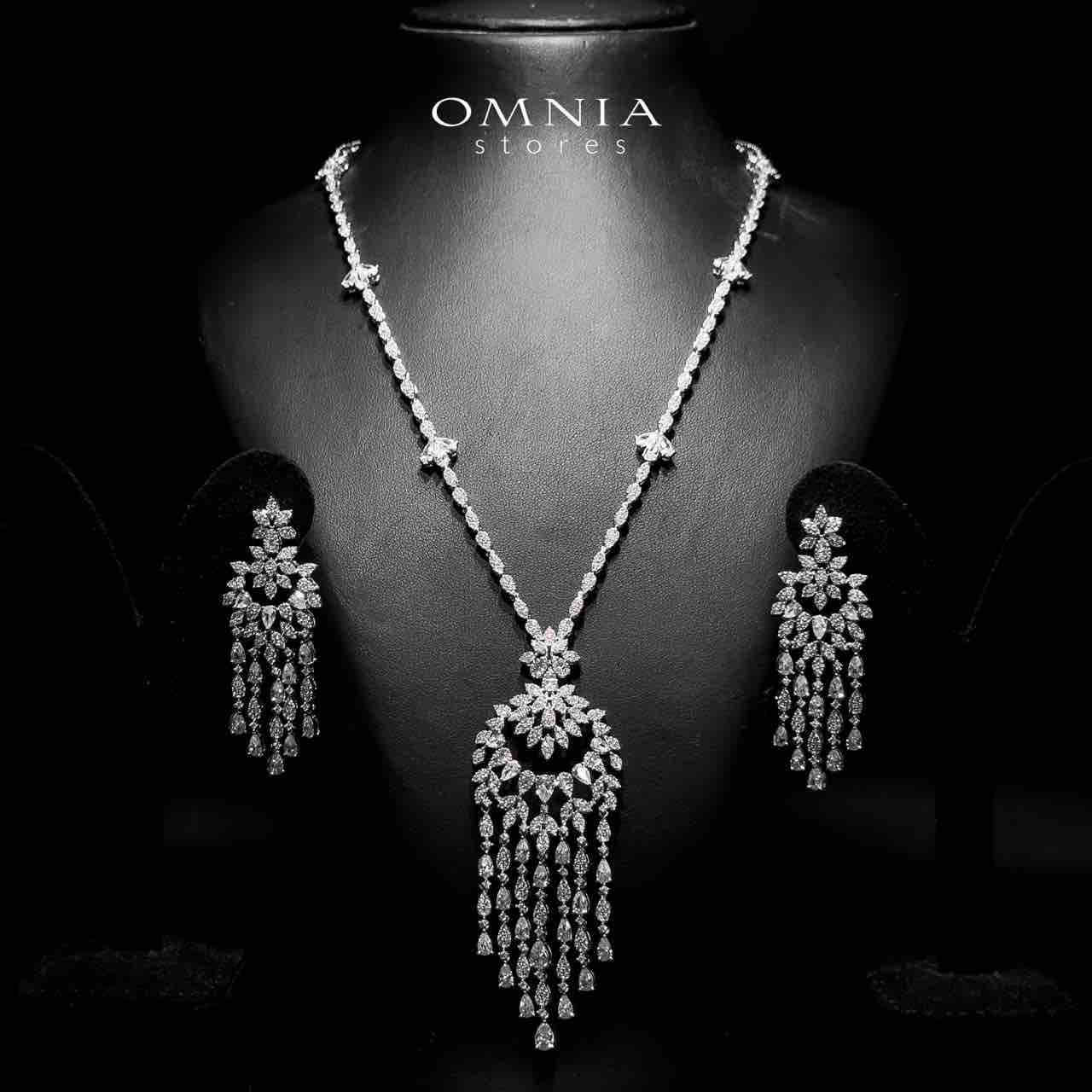 Omnia Abbir White Bridal Long chain Set Accessories High Quality Zircon Stone In Rhodium Plated - OMNIASTORES UAE