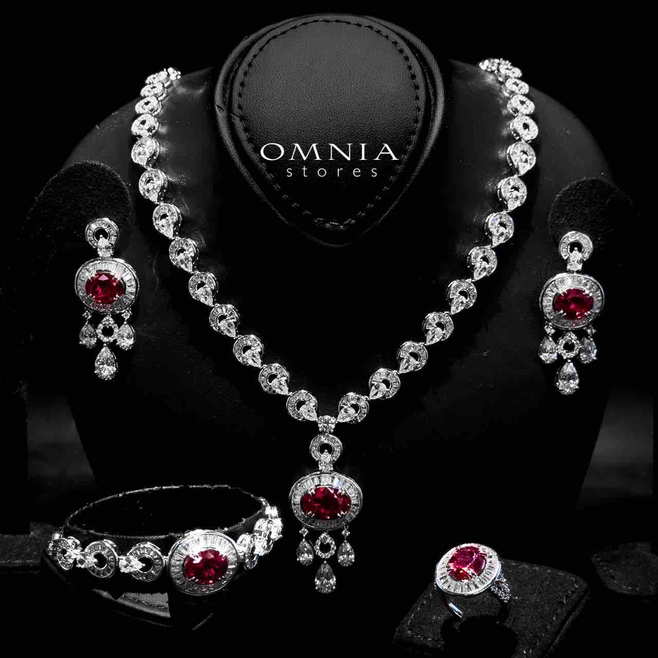 Omnia Hayah Red Bridal Full Set in High Quality Zircon Stone in Rhodium Plated