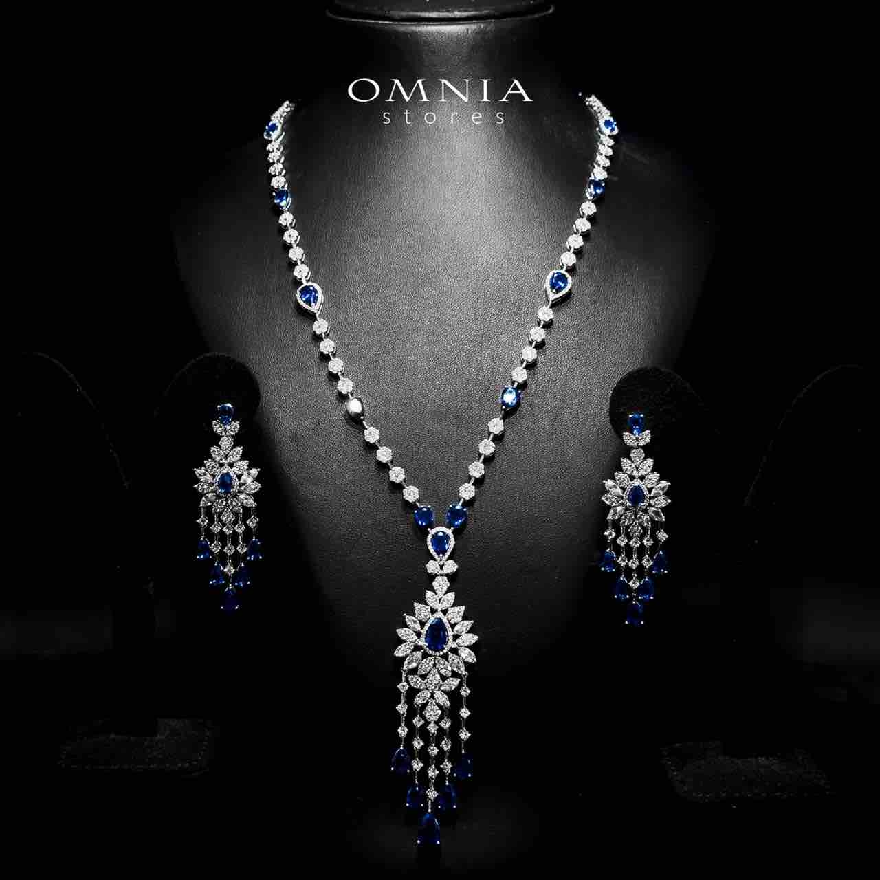 Azadeh Blue Bridal Long chain Set Accessories High Quality Zircon Stone In Rhodium Plated