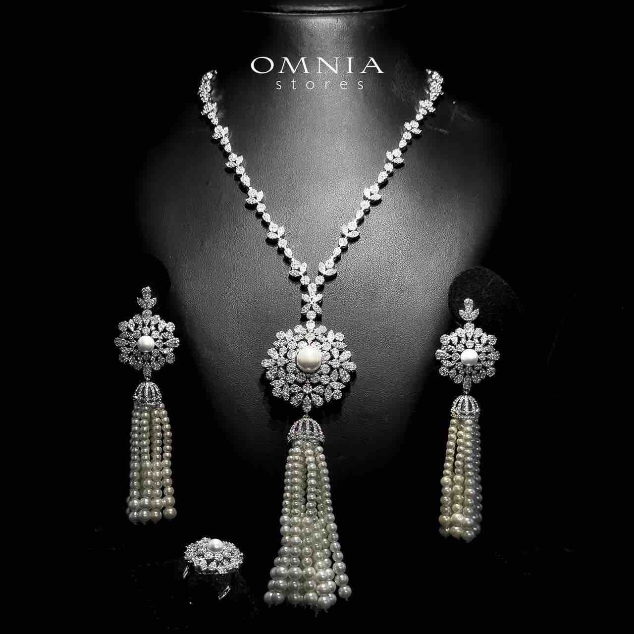 Omnia Delaram White Long Chain Pearl Full Set in High Quality Zircon Stone in Rhodium Plated