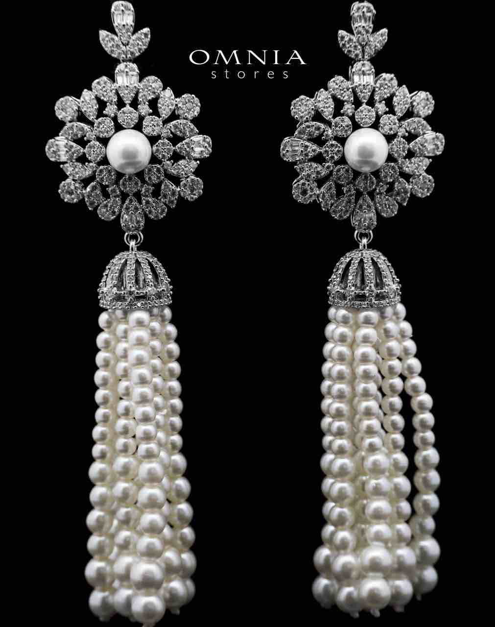 Omnia Delaram White Long Chain Pearl Full Set in High Quality Zircon Stone in Rhodium Plated