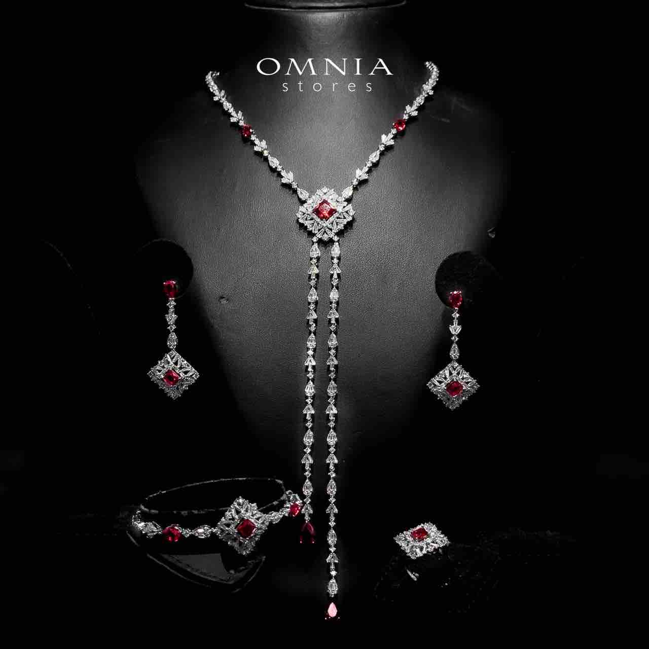 Omnia Donya Red Long Chain Full Set in High Quality Zircon Stone in Rhodium Plated