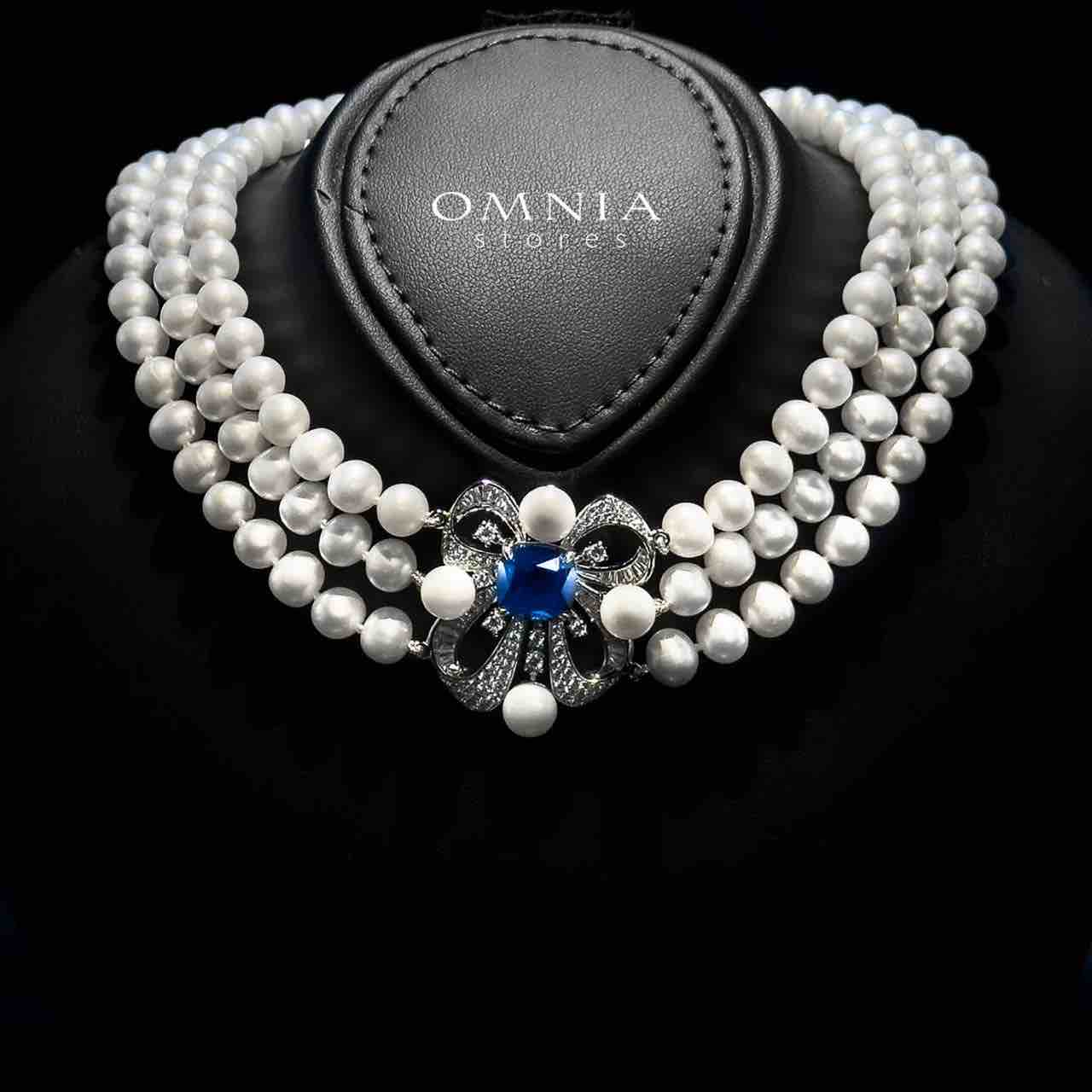 Mahboobeh Blue Pearl Necklace in 925 Silver with High Quality Simulated Diamonds
