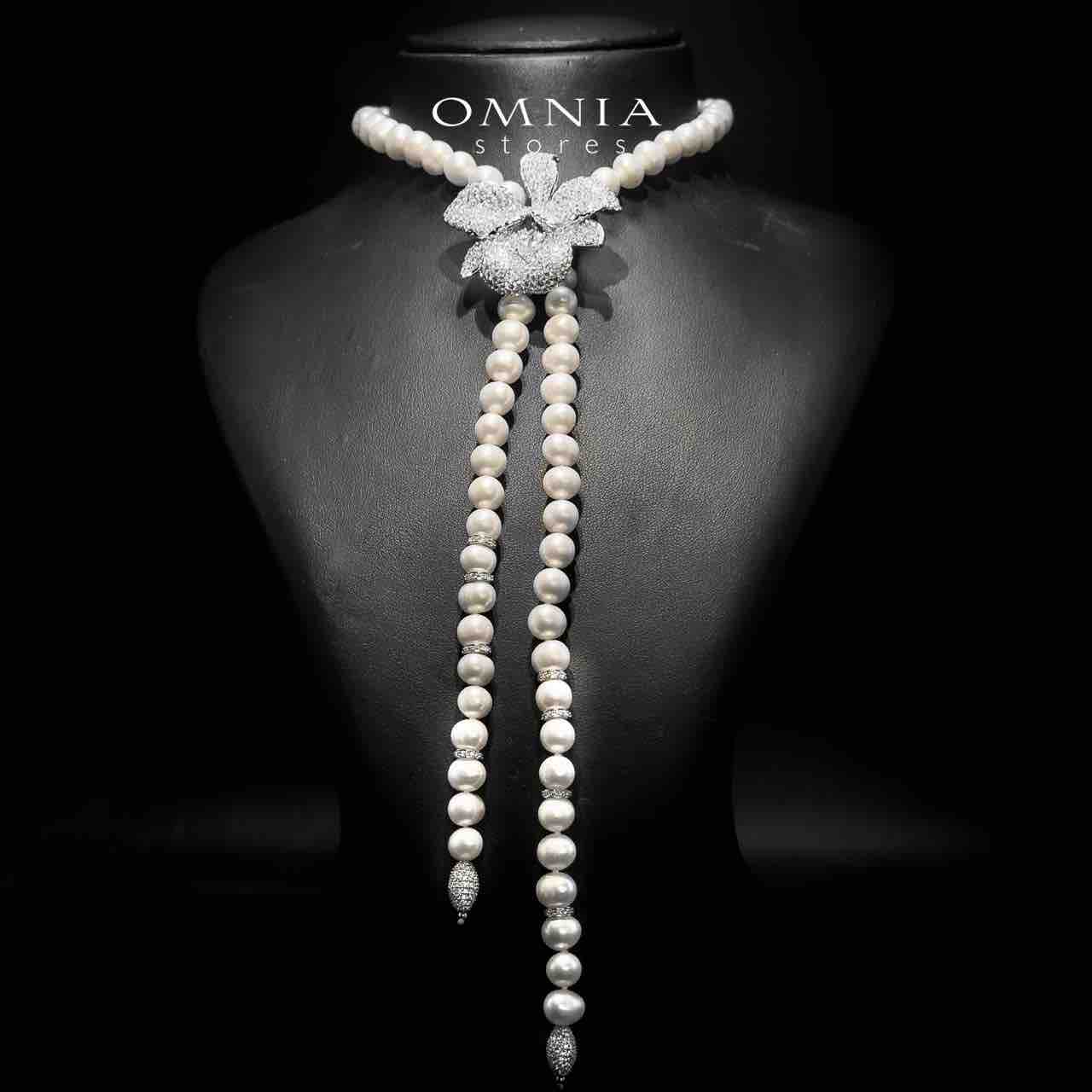 Omnia Stella Floral Design Long Chain Necklace in 925 Silver with High-Quality Simulated Diamonds