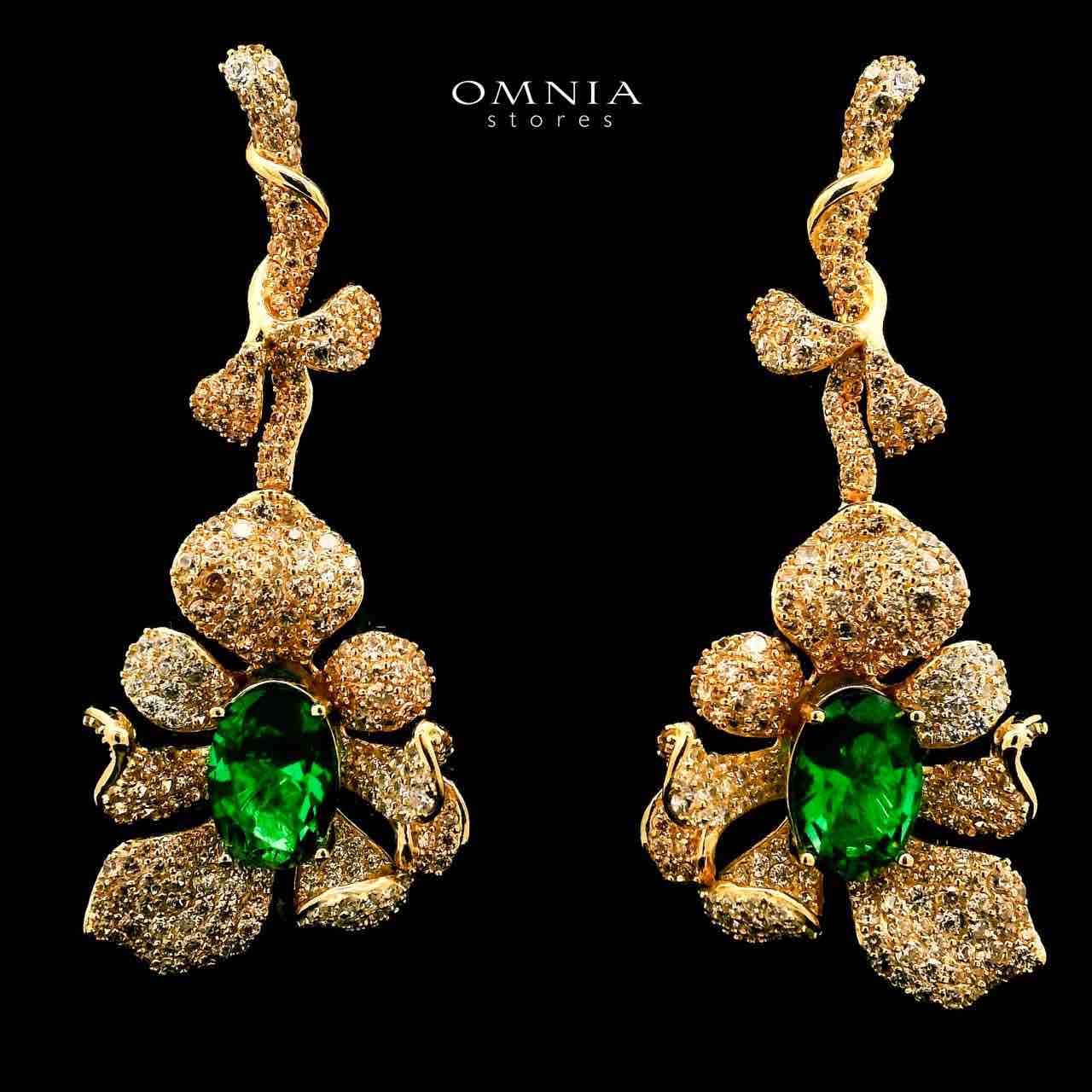 Omnia Margot Flower Design Golden Green Drop Earrings in 925 Silver with High-Quality Simulated Diamonds - OMNIASTORES UAE