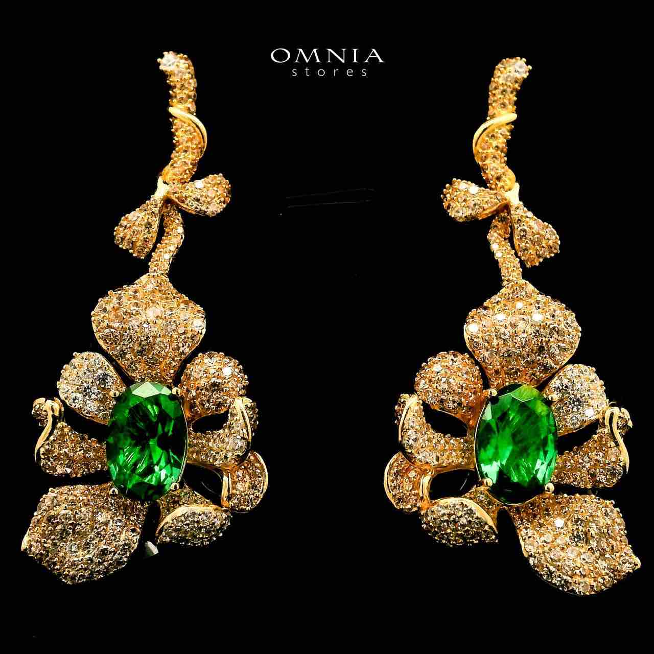 Omnia Margot Flower Design Golden Green Drop Earrings in 925 Silver with High-Quality Simulated Diamonds - OMNIASTORES UAE