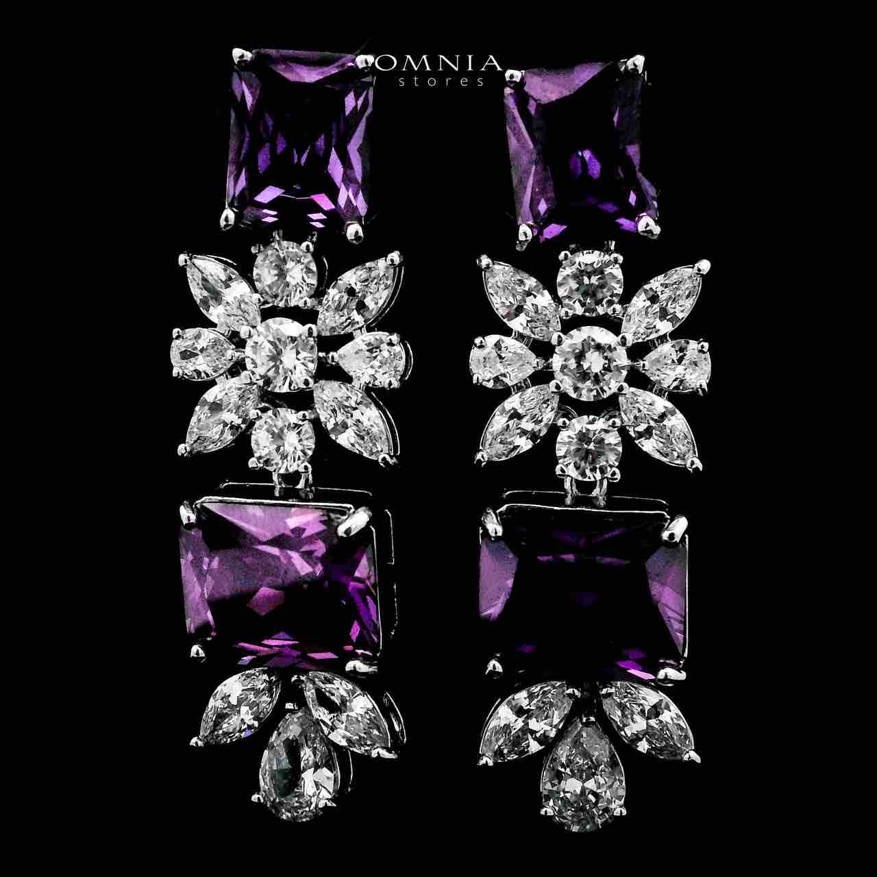 Omnia Charlotte Purple Bridal Full Set with Emerald and Pear-Cut High-Quality Simulated Diamonds Rhodium Plated